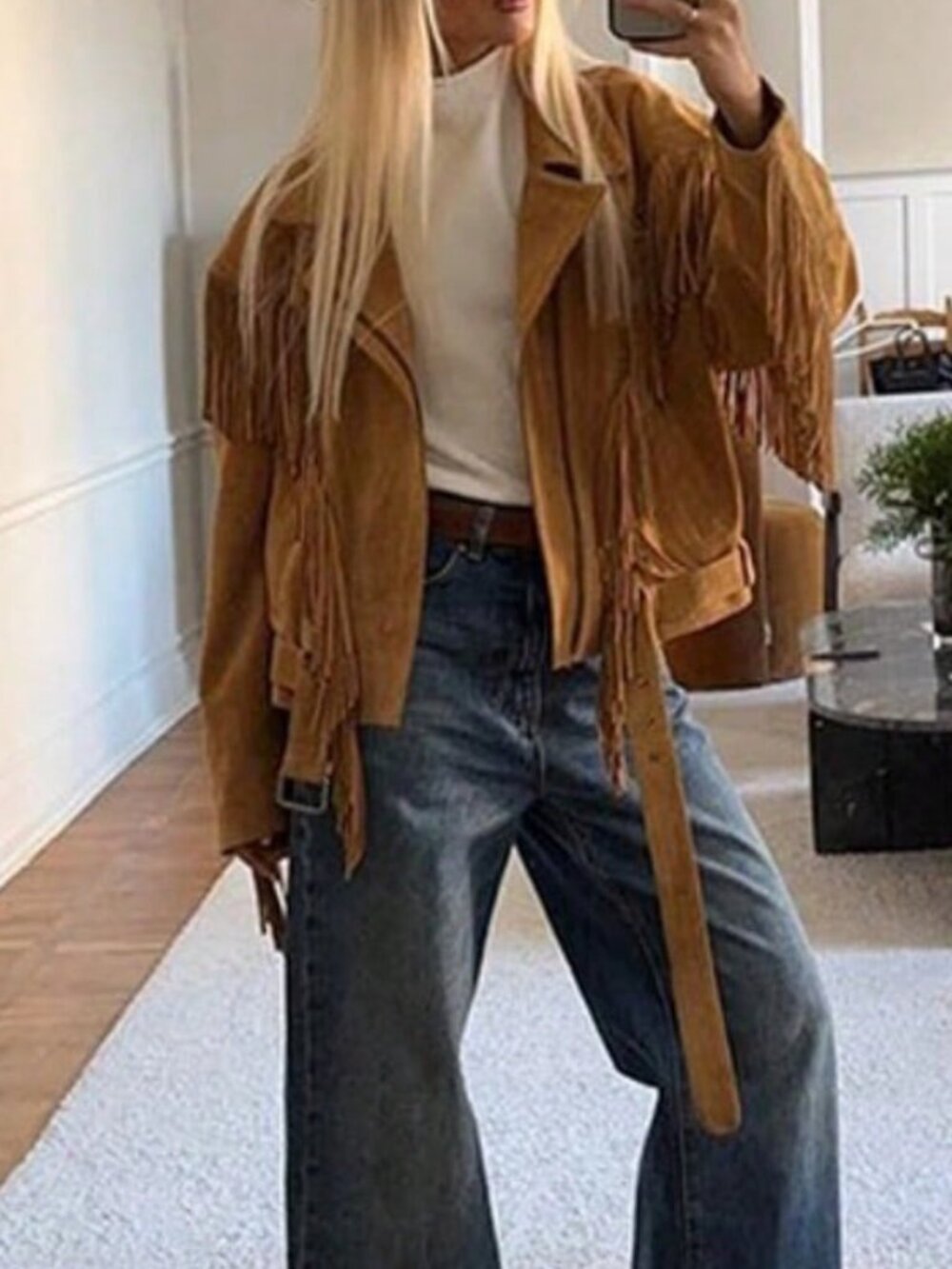 Khaki Party Women's Western Cowboy Fringe Faux Suede Zipper Biker Jacket - Picture 2 of 3
